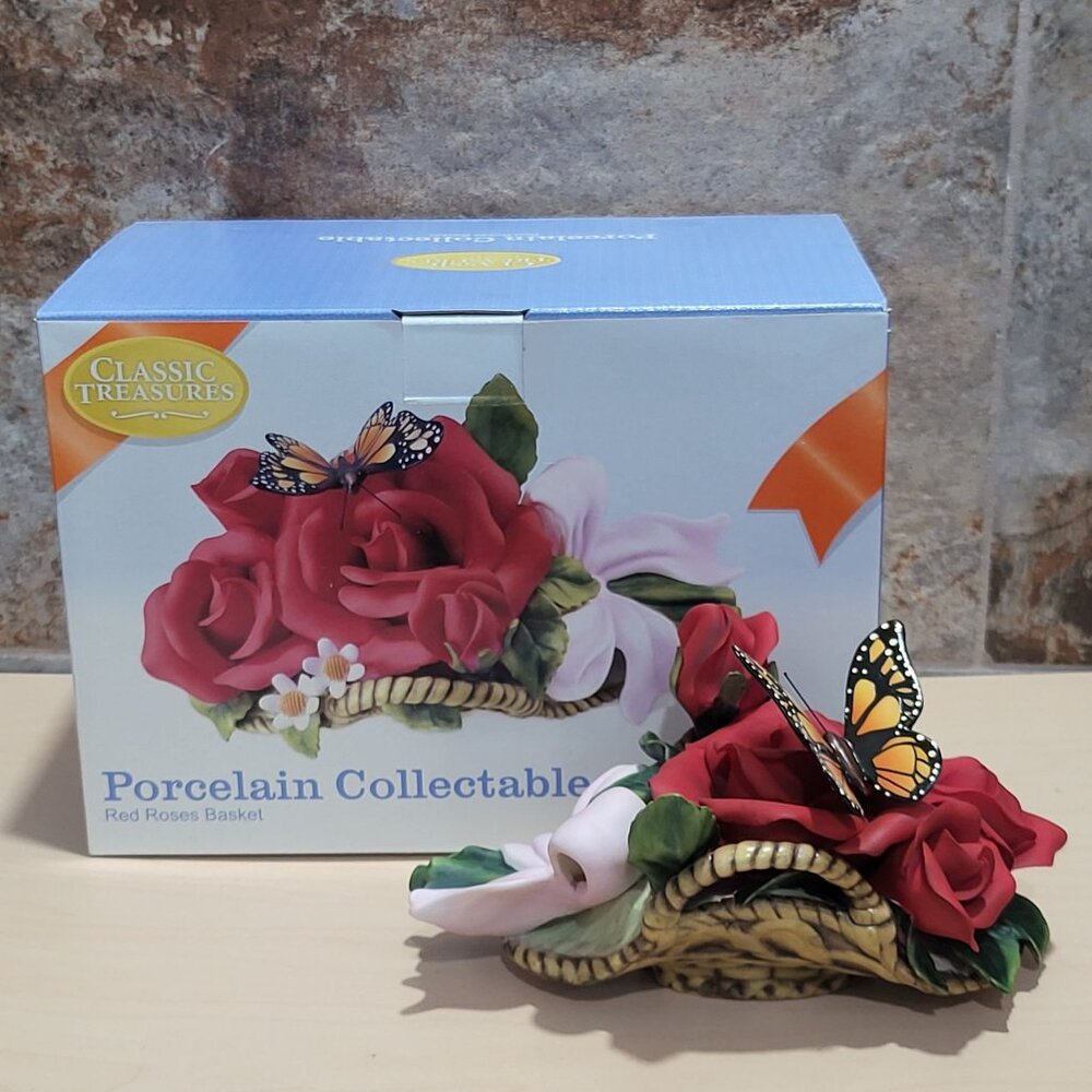 Classic Treasures Porcelain Red Roses Butterfly Pink Bow Basket Figurine